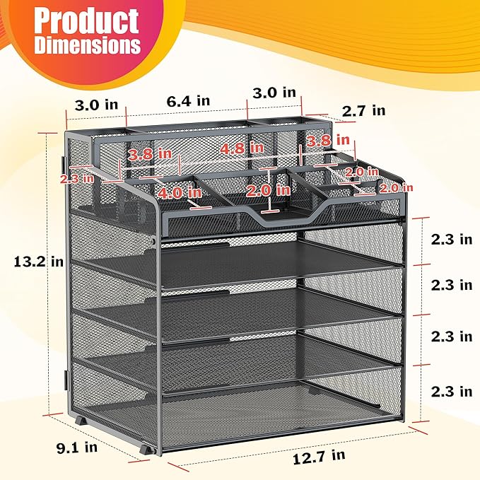 Docnest 5 Tier Mesh Desk Organizer for Paper Office Supplies – Multi-Functional Letter Tray with 5 Adjustable Compartments, 3 Pen Holders, Desktop Storage for Files, Mail, Stationery – Black