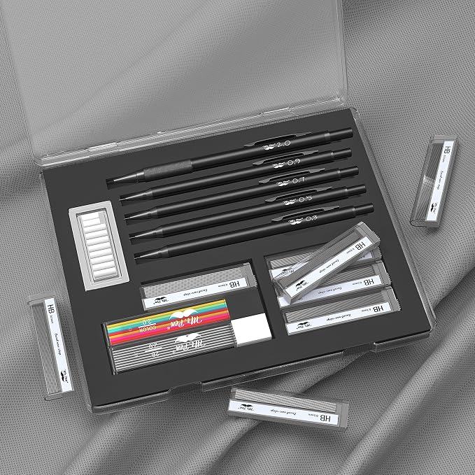 Mr. Pen- Metal Mechanical Pencil Set with Lead Refills & Erasers, 5 Pack | 5 Sizes, 0.3, 0.5, 0.7, 0.9 & 2mm, 6x Tubes HB, 2B & Colored Lead Refills for School Supplies, Note Taking, Fathers Day Gift