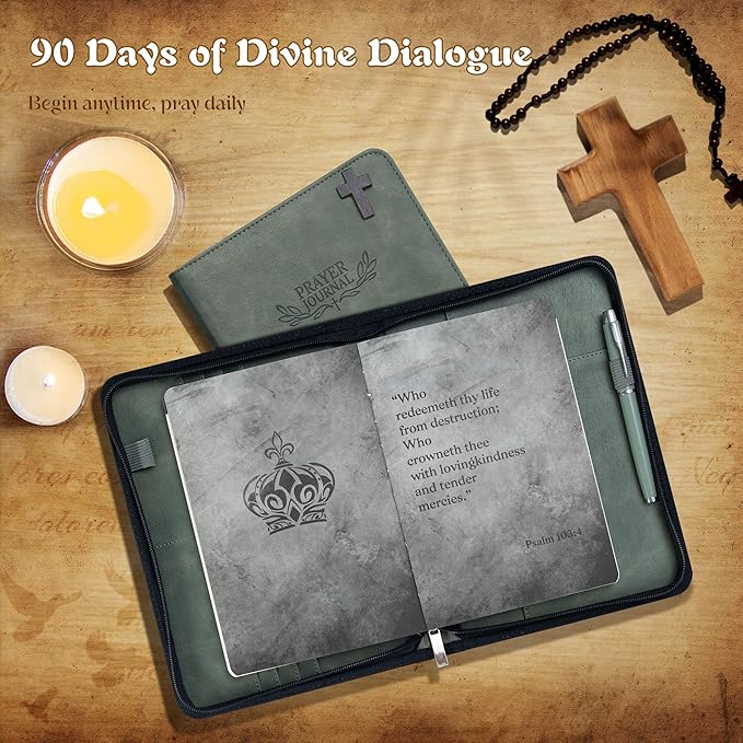 Ospelelf Prayer Journal Zippered Faux Leather Christian Daily Devotional Bible Scripture Study Tracker Notebook Planner for Reflection Gratitude Gift for Jesus Faith Believers Men Women Undated 3 Months Green