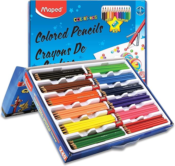 Maped - Color'Peps Triangular Colored Pencils School Pack 240 Pack + 5 FREE Pencil Sharpeners - Creating Vibrant Art - Vibrant Color Variety