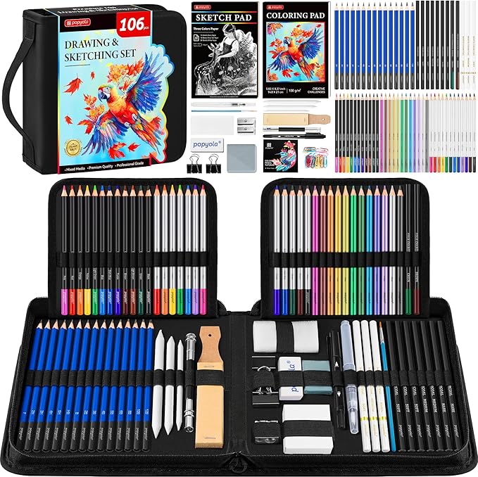 106 Pack Art Supplies Sketching Kit with 3-Color Sketchbook, Coloring Book, Tutorial, Graphite Colored Charcoal Watercolor & Metallic Pencils, Drawing Supplies Gift Case for Artists Beginners Adults