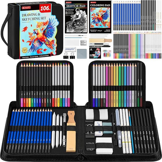 106 Pack Art Supplies Sketching Kit with 3-Color Sketchbook, Coloring Book, Tutorial, Graphite Colored Charcoal Watercolor & Metallic Pencils, Drawing Supplies Gift Case for Artists Beginners Adults