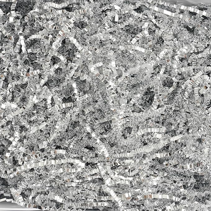 Uptotop 4oz Crinkle Cut Paper Shred Filler for Gift Wrapping, Gift Basket Filling, Perfect for Birthday, Christmas, Thanksgiving, Halloween, Easter, Valentine's Day, Mother's Day, Father's Day, Wedding & Holiday Decor, Glitter Silver (4 oz)