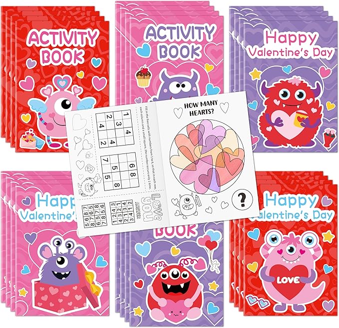 JAPBOR Valentine's Day Activity Coloring Book - 24PCS Mini Valentine Monster Activities Color Books Bulk for Kid Party Favor, Monsters Small Colouring Pages for Birthday Gifts Class Draw Paint Games