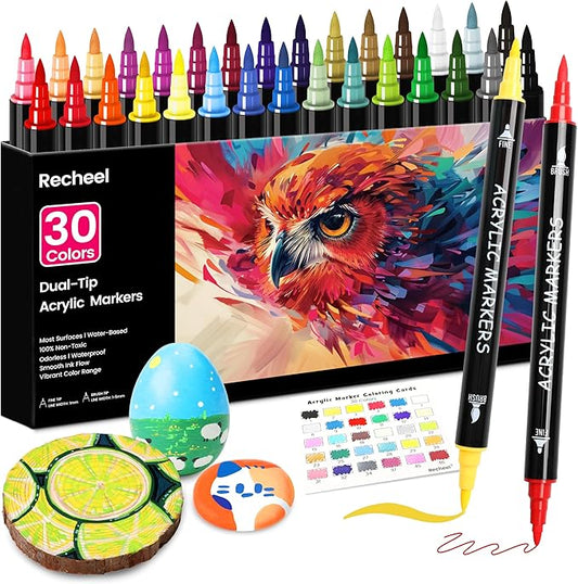 Recheel 30 Colors Acrylic Paint Markers, Dual Tip Fine and Brush Tips for Detailed Art, Crafting, Rock Painting, Wood, Glass, Ceramic, and More