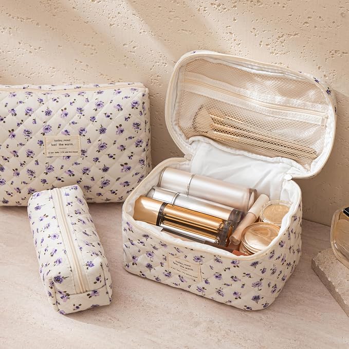 HBselect Quilted Makeup Bag, 3Pcs Cotton Large Travel Makeup Bags Organizer | Cute Floral Make up Bag Cosmetic Bag Toiletry Bag for Women Girls, Makeup Pouch for Skincare, Brushes & Travel Essentials