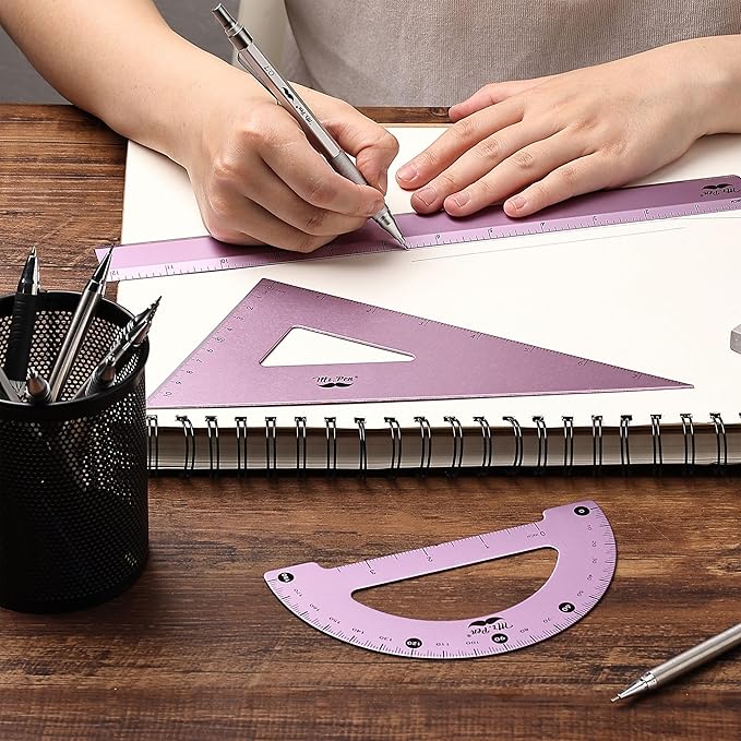 Mr. Pen- Metal Geometry Kit, 4 Pack, 45° & 30°/60° Set Squares, 6" Protractor & 12" Ruler, Durable Metal Drafting Tools for Technical Drawing, Math, Engineering & Architecture