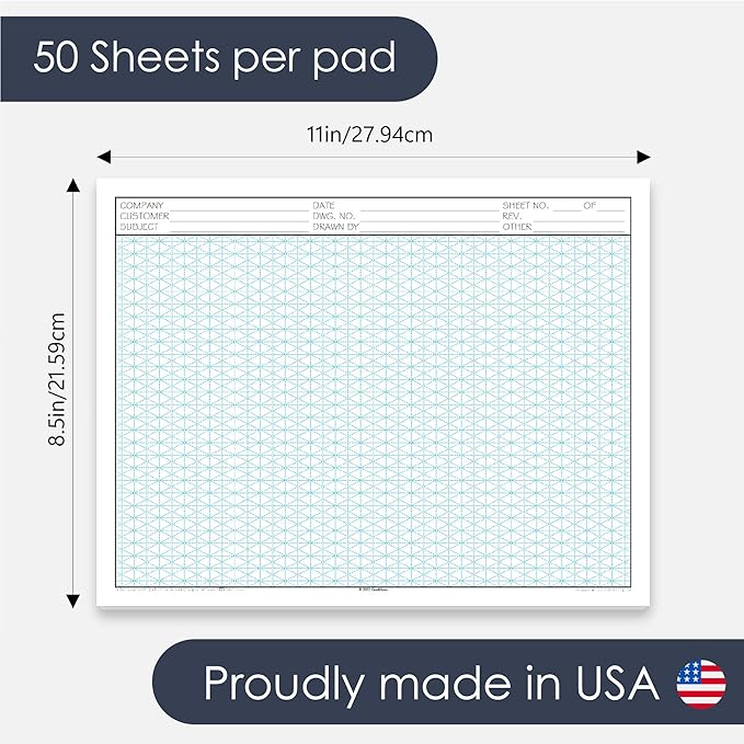 GeekNavy 8.5" x 11" Isometric Graph Paper 50 Sheets Landscape - 0.25" Grid, Non-photo Blue, High Brightness, Drafting, Engineering, Art, 3D Design (3-Pack)