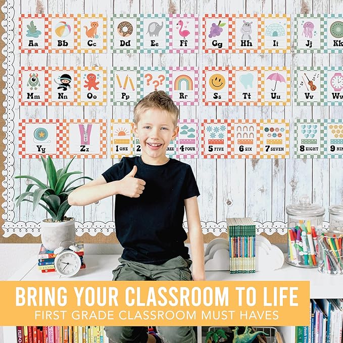Hadley Designs Alphabet for Classroom Wall Decor - ABC Posters for Classroom Wall Chart Preschool & Kindergarten, ABC Letters & Number Line Elementary, Alphabet Cards, Retro Classroom Decor