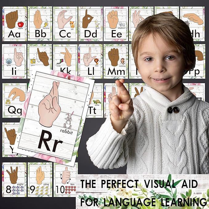 YIYDONG 36 Pieces ASL Alphabet Line Bulletin Board Set ABC Number Sign Language Flash Cards Wall Decorations for Pre-School Kindergarten Elementary Classroom Nursery Homeschool (Farmhouse)