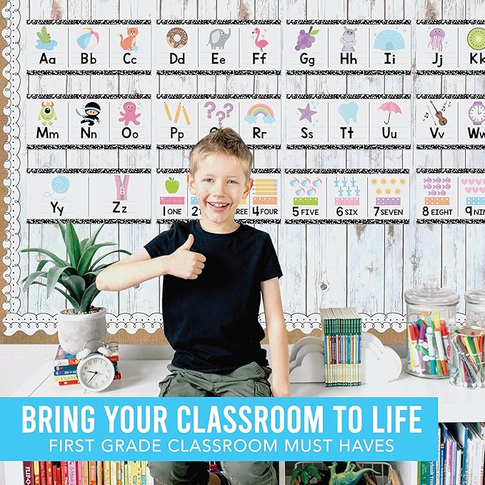 Hadley Designs Alphabet for Classroom Wall Decor - ABC Posters for Classroom Wall Chart Preschool & Kindergarten, ABC Letters & Number Line Elementary, Alphabet Cards, Pastel Classroom Decor