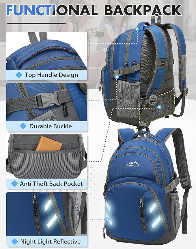 ProEtrade Backpack Bookbag for College Laptop Travel,Fit Laptop Up to 15.6 inch with USB Charging Port Multi Compartment Anti theft, Gift for Women Men (Blue)