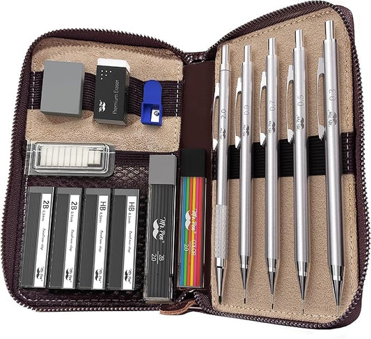 Mr. Pen- Metal Mechanical Pencil in Leather Case, 5 Pack, 5 Sizes, 0.3, 0.5, 0.7, 0.9 & 2mm, 6x Tubes Lead Refill, Erasers & Sharpener for School Supplies, Note Taking, Drawing, Sketching, Office