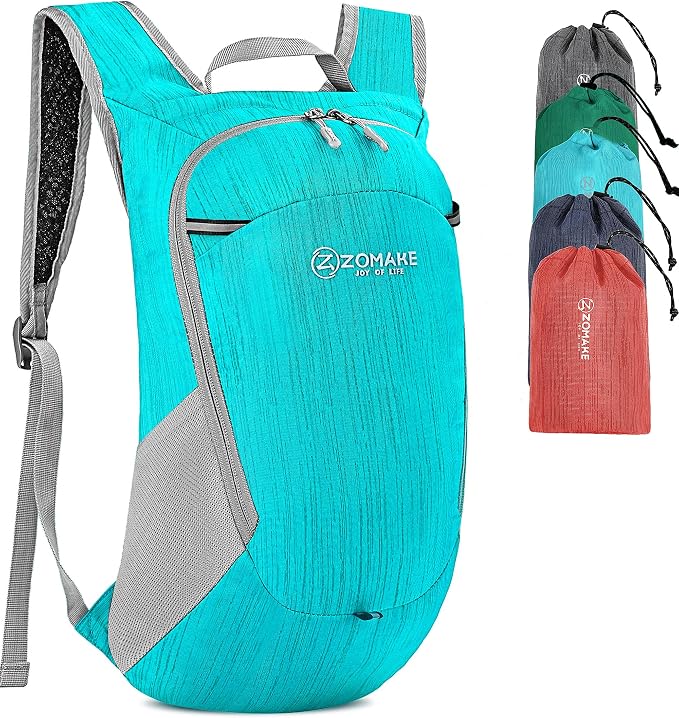 ZOMAKE Lightweight Packable Backpack, 18L Small Foldable Daypack for Hiking | Water Resistant Collapsible Backpacks for Women Men, Everyday Carry, Multi Compartment Storage, Adjustable Strap(Aqua Blue)