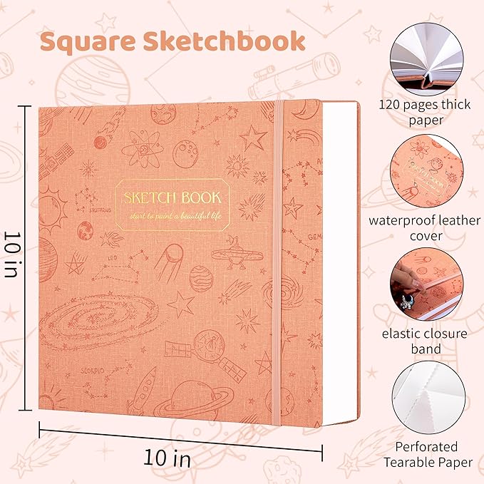 FLYING EAGLE Sketch Book for Kids 10"X 10" Large Hardcover Sketchbook for Drawing 120GSM Thick Paper, Square Art Drawing Paper 120 Pages Sketch Pad for Girls Teens,Gift Boxed, Orange