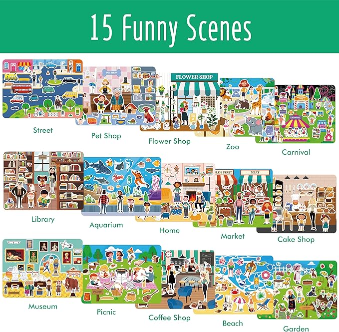 800+ Stickers & 15 Town Scenes Sticker Book, Funny Side By Side All Around Town Sticker Book Educational Activity Games- Great for Toddlers, Kids, Boys & Girls