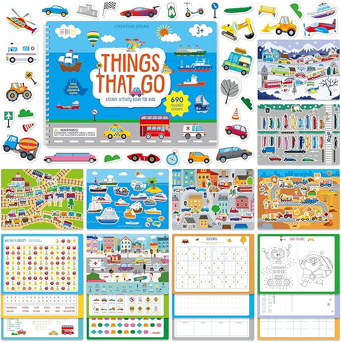 Sticker Activity Book, 690 Reusable Stickers, 15 Dry-Erase Scenes & 16 Fun Games, Side By Side Vehicle-Themed Activity Book, Educational Hands-on Travel Game - Great for Toddlers, Kids, Boys & Girls