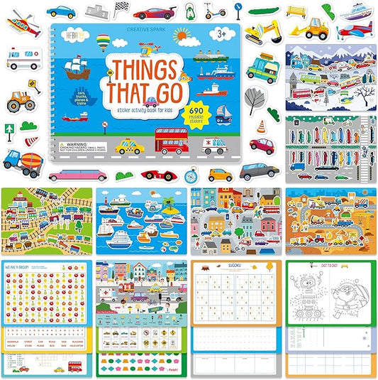 Sticker Activity Book, 690 Reusable Stickers, 15 Dry-Erase Scenes & 16 Fun Games, Side By Side Vehicle-Themed Activity Book, Educational Hands-on Travel Game - Great for Toddlers, Kids, Boys & Girls
