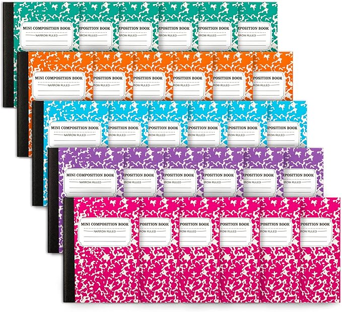 feela Mini Composition Notebook, Cute 30 Pack 5 Pastel Colors Narrow Ruled Mini Composition Books Bulk, Small Pocket Marble Journal Notebooks for Kids Students College, Pocket Size 4.5 x 3.25 in
