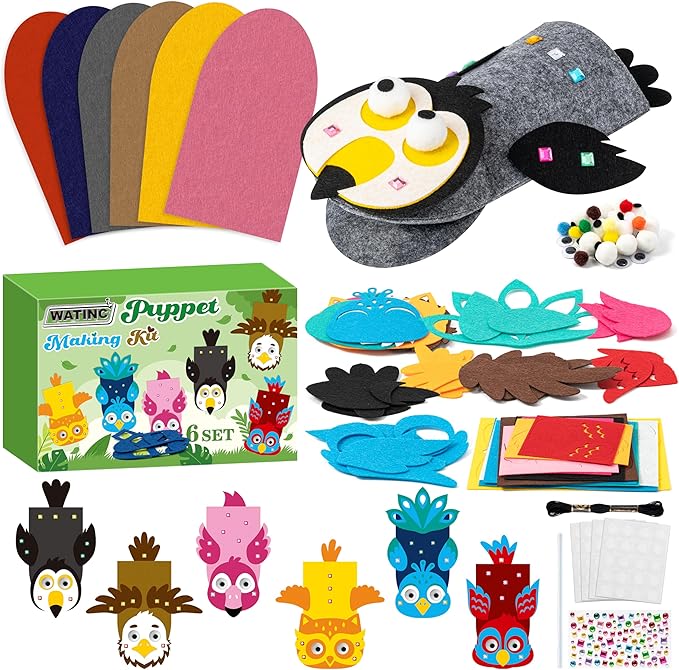 WATINC 6Pcs Hand Puppet Making Kit, Art Craft Felt Sock Puppet Toys, Creative DIY Make Your Own Pompoms Wiggle Googly Eyes Storytelling Role Play Party Supplies Gift for Girls Boys (Bird A)