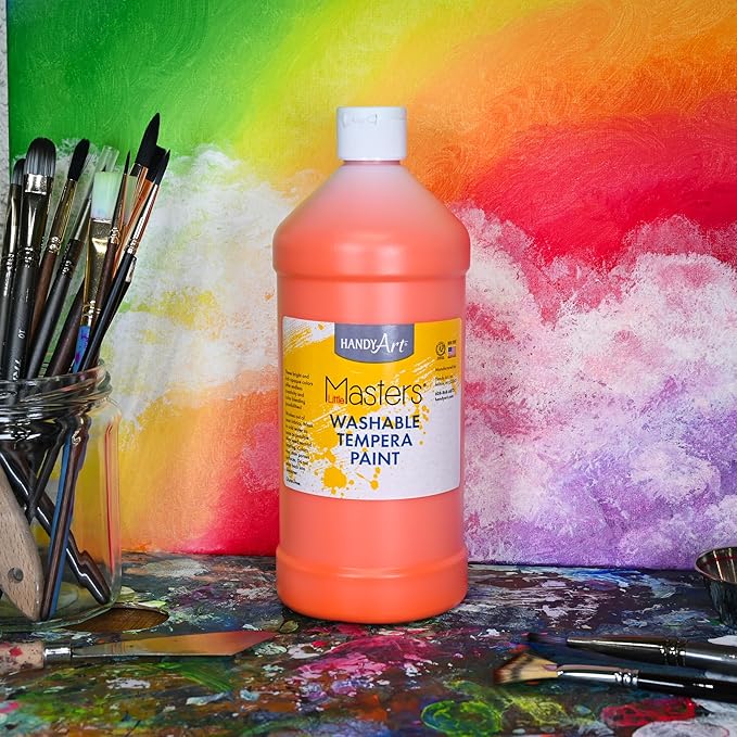 Handy Art Little Masters Washable Tempera Paint, Orange, 32 oz Bottle, Bright & Mixable, High Opacity, Washable Colors for Classroom, Students, Kids, Young Artists, Safe & Non-Toxic, Made in USA