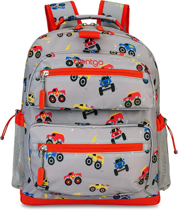 Bentgo Kids Backpack - Lightweight 14” Backpack in Fun Prints for School, Travel, & Daycare, Ideal for Ages 4+, Roomy Interior, Durable & Water-Resistant Fabric, & Loop for Lunch Bag (Trucks)