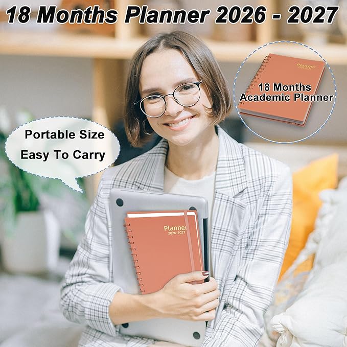 Day Planner 2026-2027, Weekly and Monthly Planner 2026, from Jan 2026-Jun 2027, 18 Month Agenda Book with Tabs, A5 Size, Pink