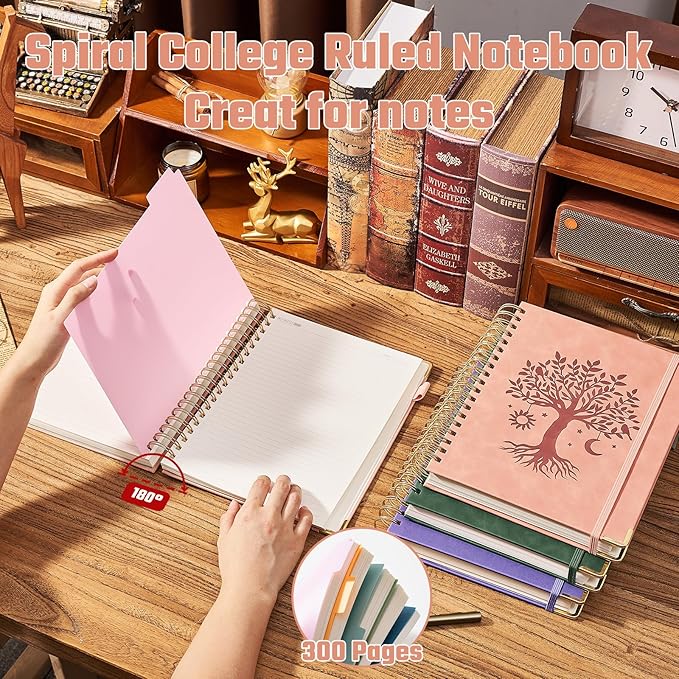 Ovesmusl Hardcover Spiral Notebook 8" x 10" with 5 Removable Dividers 300 Pages Leather 5 Subject Notebook College Ruled 100GSM Large Spiral Notebooks for Work Thick Lined Journal for Women, Pink