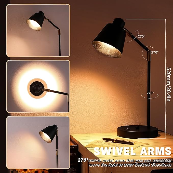 Anxingtools LED Desk Lamp with Dual USB Charging Ports, 100% Metal, 270° Swivel Arms, Soft White Light (3000K), Bedside Reading Lamp, Home Office Lamp (Black)