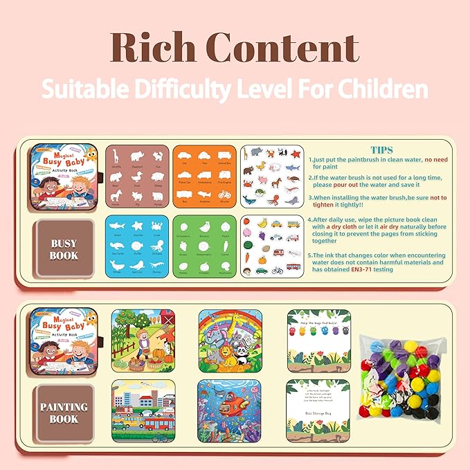 3-in-1 Reusable Water Painting Book for Kids – Preschool Learning Toy with 10 Themes – Water Coloring & Color-Sorting Game – No Mess Painting & Reusable Fun for Ages 3+