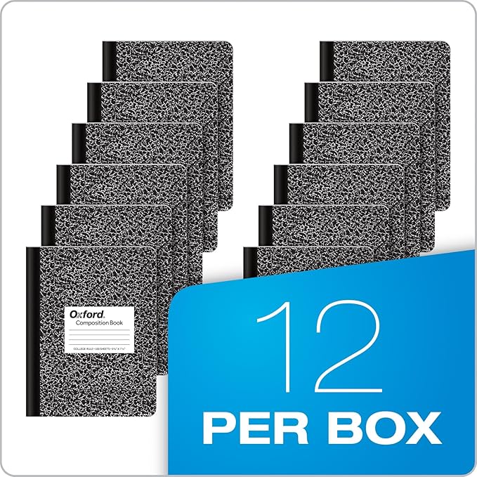 Oxford Composition Notebooks, School Supplies, Notebooks for School, College Ruled Paper, 9-3/4 x 7-1/2 Inches, School Comp Book, Black Marble Covers, 100 Lined Sheets, 12 per Pack (63796)