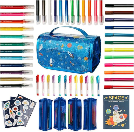PapaKit Creative Art Coloring Set (Outer Space), Includes Travel Bag, Assorted Washable Marker Set, Glitter Pens & Coloring Pages, Art Supplies Great Gift
