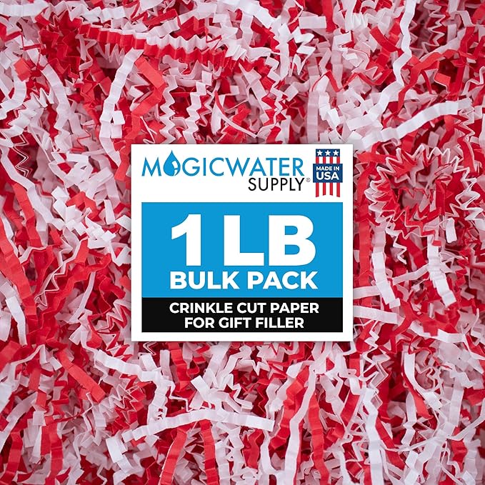 MagicWater Supply Crinkle Cut Paper Shred Filler -1LB Red & White-Decorative & Protective Packaging for Bridesmaid Gifts & Bridesmaid Proposal Gifts Holiday Stuffers Birthdays Wedding & Anniversaries