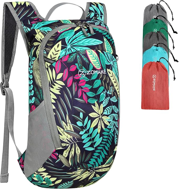 ZOMAKE Lightweight Packable Backpack, 18L Small Foldable Daypack for Hiking | Water Resistant Collapsible Backpacks for Women Men, Everyday Carry, Multi Compartment Storage(Mixed Color Leaves)