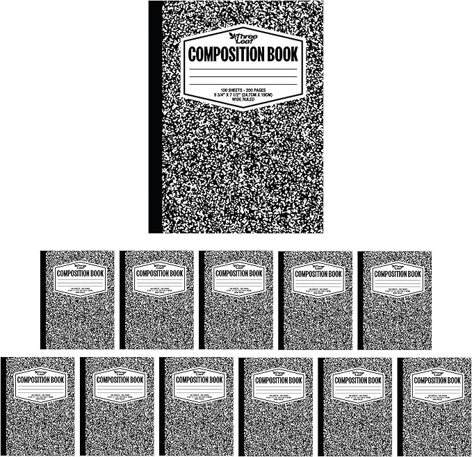 three leaf 100 SHEETS WIDE RULED 9-3/4" x 7-1/2" COMPOSITION NOTEBOOK, PACK OF 12, WRITING JOURNAL NOTEBOOK, HOME SCHOOL SUPPLIES FOR COLLEGE STUDENTS & K-12, SEWN BINDING HARD COVER MARBLE NOTEBOOK