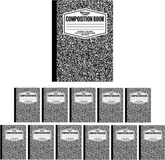 three leaf 100 SHEETS WIDE RULED 9-3/4" x 7-1/2" COMPOSITION NOTEBOOK, PACK OF 12, WRITING JOURNAL NOTEBOOK, HOME SCHOOL SUPPLIES FOR COLLEGE STUDENTS & K-12, SEWN BINDING HARD COVER MARBLE NOTEBOOK