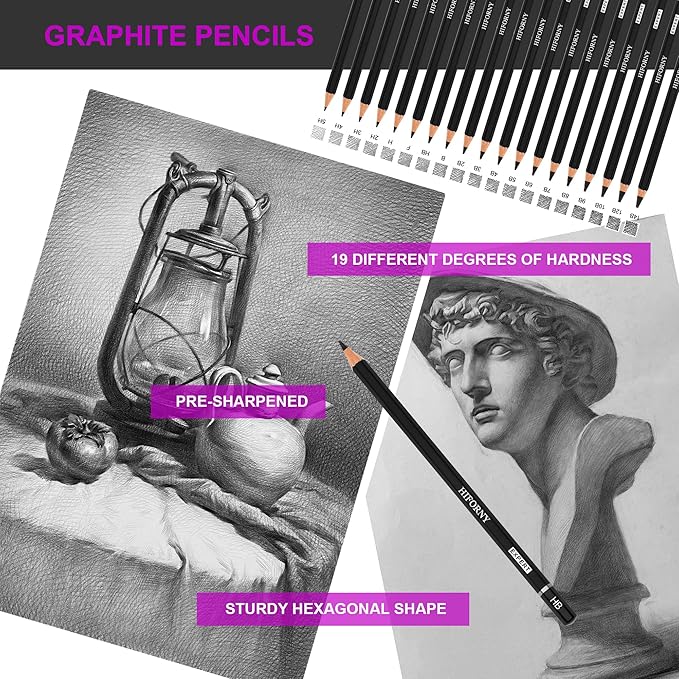 HIFORNY 70 PCS Drawing Set Sketching Kit,Sketch Pencils Art Supplies with Graphite,Charcoal,Blending Tools & Accessories,Portable Zippered Travel Case for Artists & Beginners