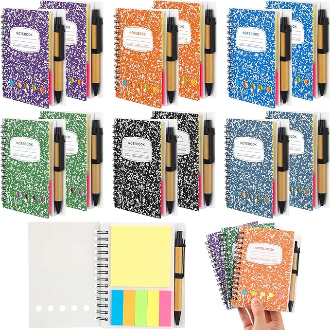 Dunzoom 12 Sets Spiral Notebook Bulk, Steno Pads Lined Notepad with Pen, Sticky Notes Colored Index Tabs, 5.2" x 4.1" Pocket Notebook for Home Business Office Supplies, 60 Sheets (Multicolor)