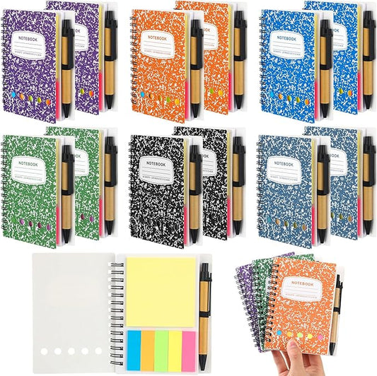 Dunzoom 12 Sets Spiral Notebook Bulk, Steno Pads Lined Notepad with Pen, Sticky Notes Colored Index Tabs, 5.2" x 4.1" Pocket Notebook for Home Business Office Supplies, 60 Sheets (Multicolor)