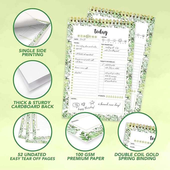 Decorably 52 Sheets Greenery Undated Daily to Do List Notepad with Water Tracker, 6.5x10" Spring-Bound Planner Pad, Easy Tear-Off Design, with Focus, Priorities, Habits, Notes & Doodles - Home, School