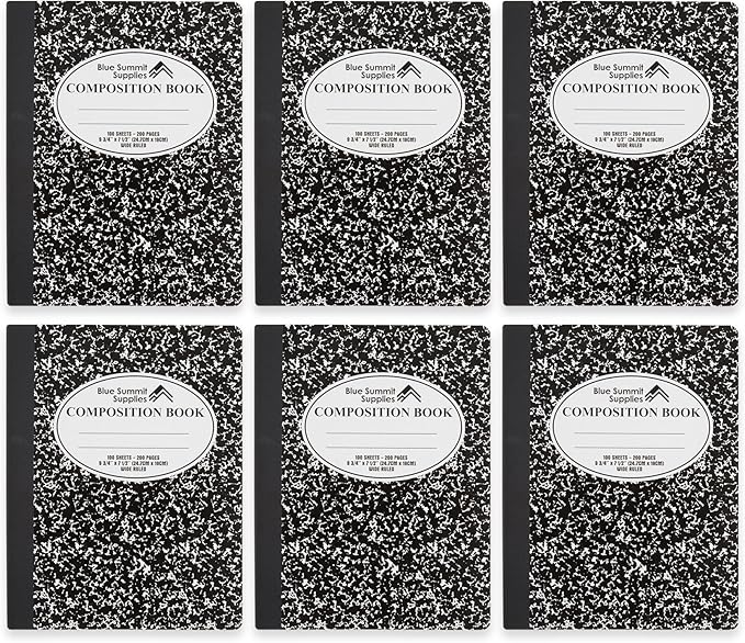 Blue Summit Composition Notebook, Wide Ruled, 100 Sheets – 1 Subject, 9.75” x 7.5”, Marble Black Notebooks, 6 Notebooks