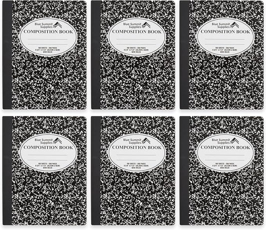Blue Summit Composition Notebook, Wide Ruled, 100 Sheets – 1 Subject, 9.75” x 7.5”, Marble Black Notebooks, 6 Notebooks