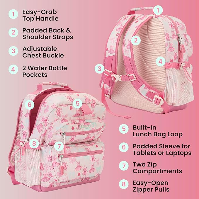 Bentgo Kids Print Backpack - Lightweight 14” Backpack for School, Travel & Daycare, Ideal for Ages 4+, Durable & Water-Resistant, Roomy Interior, & Loop for Lunch Bag (NEW Ballet & Bows)