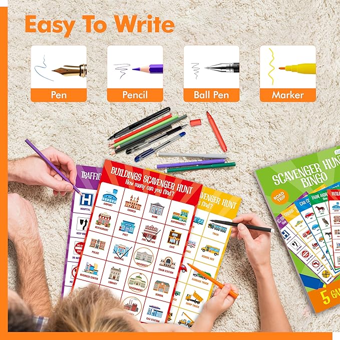 Road Trip Game Pad, 5 Games in 1 (Farm Animals, Car Colors, Buildings, Traffic Signs, Vehicles Scavenger Hunt Bingo), Pen Pencil Paper Game, Plane Trip/ Car Travel/Getaway Activity Pad for Kid, Adult