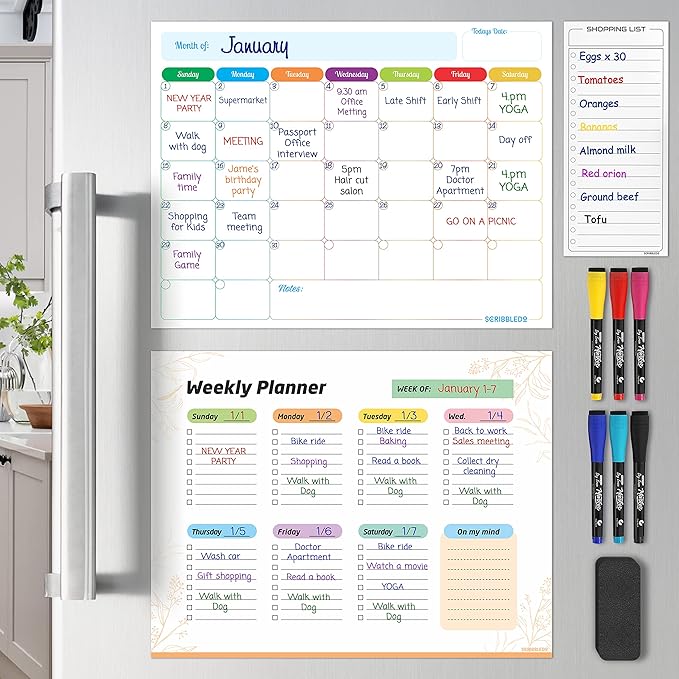 Monthly Planner (Pack of 3) Magnetic Whiteboard Refrigerator Calendar Dry Erase Weekly Planner Magnetic Calendar for Fridge to Do List White Board Dry Erase Shopping Grocery List 6 Markers Included