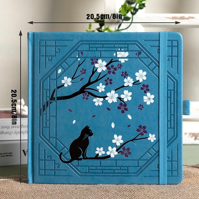 TIEFOSSI Square Dotted Journal, Cute Cat Journal for Women Girls, Dot Notebook with Pretty Sakura Pattern, Aesthetic Diary for Writing Journaling Drawing, Golden Edges, 8 x 8 IN