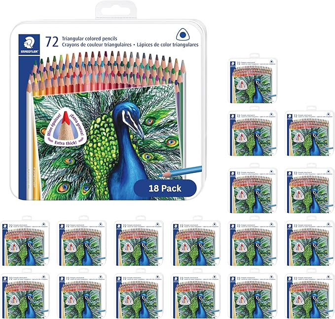 STAEDTLER Colored Pencils Set 6-Pack (18 Sets of 72 pcs) - Ergonomic Triangular Barrel, Smooth 4mm Lines, Wood - 72 Vibrant Colors in Tin, for Artists & Students, 1296 Count