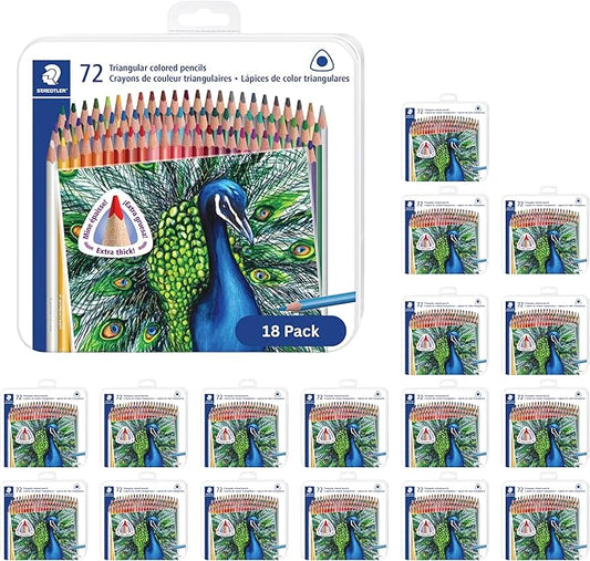 STAEDTLER Colored Pencils Set 6-Pack (18 Sets of 72 pcs) - Ergonomic Triangular Barrel, Smooth 4mm Lines, Wood - 72 Vibrant Colors in Tin, for Artists & Students, 1296 Count