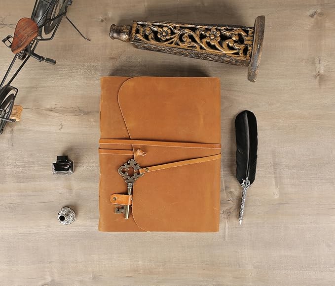 Leather Journal with Deckle Edge Paper 8x6 inch and Vintage Key | Handmade Writing Notebook Diary | Bound Daily Notepad for Men & Women Medium, Sketch/Writing pad for Artists