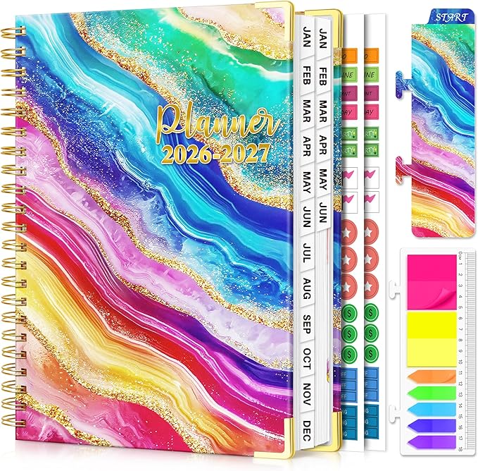 Planner 2026-2027, 18 Month Weekly and Monthly Planner, Jan. 2026 - Jun. 2027, 9" x 11.6" A4 Large Hardcover Calendar Planner with Page Tabs, Separator Page, Inner Pocket, Bookmark, Stickers, Sticky Note Set